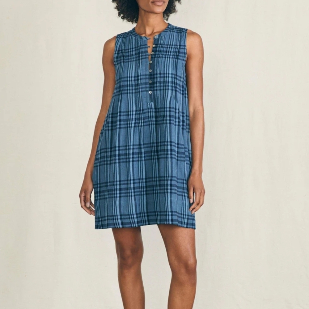 NEW Faherty Isha Plaid Mini Dress In Clearwater Navy Plaid